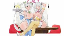 2girls absurdres alcohol animal_ear_hairband animal_ears animated arm_behind_head armband asymmetrical_docking bilingual_commentary blinking blue_leotard blue_thighhighs blush bouncing_breasts bow bowtie breast_press breasts brick_wall center_frills chair champagne champagne_flute cleavage closed_mouth commentary commission commissioner_upload covered_navel crossed_legs cup dan-98 detached_collar detached_sleeves drinking_glass english_commentary fake_animal_ears fake_tail fishnet_thighhighs fishnets frilled_leotard frilled_sleeves frills frown gekkou_(senran_kagura) gloves green_bow green_bowtie green_eyes green_ribbon grey_hair hair_between_eyes hair_ribbon hairband high_heels highleg highleg_leotard highres holding holding_tray huge_breasts leotard light_bulb long_hair looking_at_viewer looping_animation lounge_chair maid_headdress md5_mismatch mixed-language_commentary multiple_girls official_alternate_costume official_alternate_hairstyle pink_bow pink_bowtie pink_ribbon pixiv_commission playboy_bunny rabbit_ears rabbit_tail resolution_mismatch ribbon senkou_(senran_kagura) senran_kagura siblings sisters sitting sitting_on_table skindentation smile source_smaller standing strapless strapless_leotard tagme tail thighhighs tray twintails video white_gloves white_wrist_cuffs wrist_cuffs yellow_armband yellow_leotard yellow_thighhighs