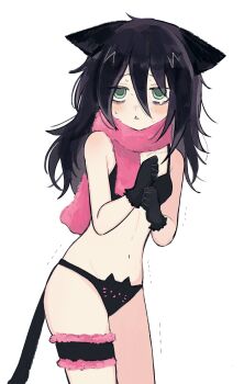 Rule 34 | 1girl, alternate costume, animal print, black bra, black gloves, black hair, black panties, blush, bra, cat print, commentary request, flat chest, gloves, green eyes, hair between eyes, hands up, highres, kemonomimi mode, kuroki tomoko, long bangs, long hair, looking at viewer, navel, nuka (nukamochi), panties, pink scarf, print panties, scarf, simple background, solo, sweat, thigh strap, trembling, triangle mouth, underwear, watashi ga motenai no wa dou kangaetemo omaera ga warui!, white background