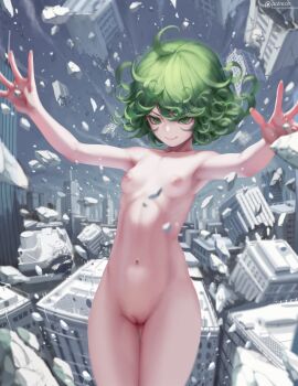 1girl breasts cleft_of_venus curly_hair debris gluteal_fold green_eyes green_hair highres letdie1414 loli long_sleeves navel nipples nude one-punch_man outstretched_arms pussy short_hair small_breasts smile tatsumaki telekinesis uncensored upper_body