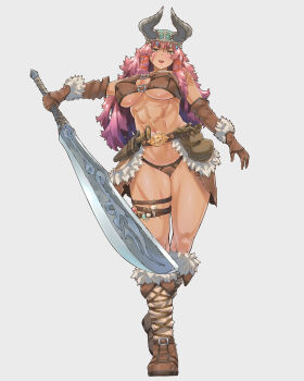 1girl :o abs absurdres belt belt_pouch boots breasts brown_eyes brown_footwear brown_gloves brown_panties covered_erect_nipples elbow_gloves facial_scar fake_horns full_body fur-trimmed_boots fur_trim gem gloves highres holding holding_weapon horned_headwear horns knife large_breasts long_hair looking_at_viewer muscular muscular_female nino_(pixiv_64539552) original panties pink_hair pouch red_gemstone scar scar_on_cheek scar_on_chest scar_on_face scar_on_leg sheath sheathed standing underwear warrior weapon white_background