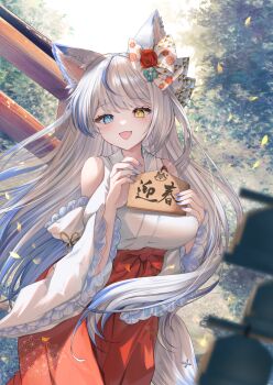 1girl animal_ear_fluff animal_ear_piercing animal_ears bare_shoulders blue_eyes blue_hair blue_nails bow breasts commentary_request commission falling_leaves fangs flower grey_hair hair_bow hakama heterochromia highres holding holding_sign indie_virtual_youtuber japanese_clothes kurage_cc large_breasts leaf looking_at_viewer lulebel miko mole mole_under_eye multicolored_hair nail_polish nontraditional_miko open_mouth red_flower red_hakama red_rose rose sign skeb_commission smile solo standing streaked_hair torii translated tree virtual_youtuber wide_sleeves yellow_eyes