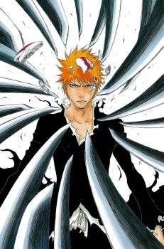 Rule 34 | bankai, bleach, broken mask, brown eyes, collarbone, hollow mask, kubo tite, kurosaki ichigo, looking at viewer, mask, multiple swords, official art, orange hair, short hair, simple background, spiked hair, sword, teeth, tensa zangetsu (bankai), weapon, white background, zanpakutou