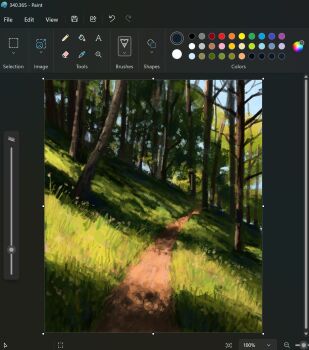 art_program_in_frame christian_young commentary dappled_sunlight day dutch_angle forest highres hill landscape microsoft_paint_(medium) microsoft_paint_(software) nature no_humans original outdoors painterly path road scenery screencap sunlight tree