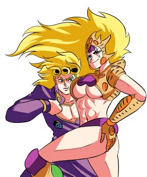 1boy 1girl abs blonde_hair breast_press breasts distracted genderswap giorno_giovanna gold_experience gold_experience_requiem highres humanized jojo_no_kimyou_na_bouken muscular muscular_female shounen_jump stand_(jojo) tinafate1 underboob vento_aureo white_background