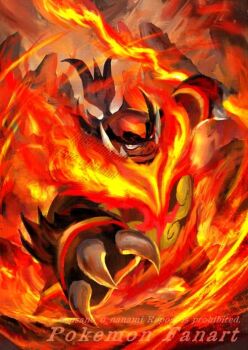 black_fur boar claws closed_mouth colored_skin commentary_request emboar fangs fire flaming_weapon gen_5_pokemon holding holding_staff looking_at_viewer mega_emboar mega_pokemon nanami_lusia nintendo no_humans orange_fur pokemon pokemon_(creature) pokemon_focus pokemon_legends:_z-a red_eyes sharp_teeth staff teeth tusks weapon