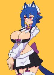 Rule 34 | 1girl, absurdres, animal ear fluff, animal ears, bell, black skirt, blue hair, blush, bow, bowtie, breasts, cat ears, cat girl, cat tail, cleavage, closed mouth, cowboy shot, crop top, doce, female focus, freckles, hair between eyes, half-closed eyes, highres, jingle bell, large breasts, looking to the side, maid, maid headdress, midriff, miniskirt, navel, original, own hands together, pink eyes, purple bow, shirt, short hair, simple background, skirt, solo, tail, thighhighs, white shirt, white thighhighs, wrist cuffs, xiao (docecaedrus), yellow background