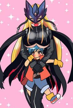 1boy 1girl age_difference beelstarmon between_breasts blonde_hair blush breasts breasts_squeezed_together carrying carrying_person coat digimon digimon_(creature) embarrassed eye_mask gloves grabbing_from_behind happy hetero highres hug large_breasts long_hair mask navel okatanuki_(hsdp4852) onee-shota pants pink_background size_difference smile standing third_eye wavy_eyes wide_hips
