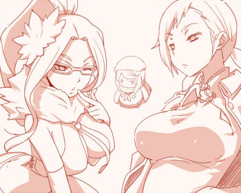 3girls breasts china_dress chinese_clothes closed_mouth devil_survivor_(series) devil_survivor_2 dress glasses greyscale hairu kanno_fumi kujou_hinako large_breasts long_hair monochrome multiple_girls one_eye_closed simple_background torii_jungo