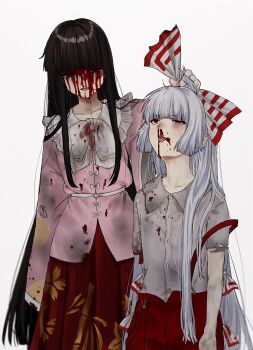 2girls bamboo_print black_hair blood blood_on_clothes blood_on_face bow dirty dirty_clothes fujiwara_no_mokou grabbing_another&#039;s_hair hair_bow highres hime_cut holding_another&#039;s_hair houraisan_kaguya long_hair long_skirt multiple_girls nosebleed pants pink_shirt red_eyes red_pants shirt simple_background skirt smile suspenders tongue tongue_out torn_clothes touhou trmkthanks white_background white_bow white_hair wide_sleeves