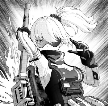 1girl alb1no18 ammunition_pouch arm_up armpits backpack bag bandana bandana_around_neck black_gloves breasts commentary covered_mouth detached_sleeves english_commentary gloves goggles greyscale hair_over_one_eye hand_up highres holding holding_behind_back holding_sword holding_weapon holding_weapon_behind_back large_breasts looking_to_the_side monochrome ponytail pouch sideboob_cutout sleeveless sleeveless_jacket soldier_11_(zenless_zone_zero) solo sword tinted_eyewear upper_body weapon white_hair white_sleeves zenless_zone_zero