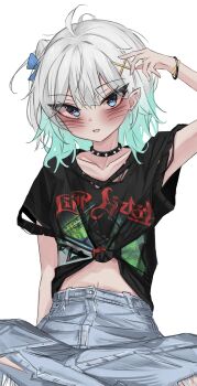 1girl absurdres akarinnndesu black_choker black_shirt blue_bow blue_eyes blush bow choker collar commentary denim ear_piercing earrings english_commentary gradient_hair green_hair hair_bow hair_ornament highres indian_style indie_virtual_youtuber jeans jewelry limp_bizkit looking_at_viewer medium_hair mint_fantome multicolored_hair navel open_mouth pants piercing pointy_ears print_shirt shirt short_sleeves simple_background sitting solo spiked_collar spikes stud_earrings t-shirt tied_shirt torn_clothes torn_shirt virtual_youtuber white_background white_hair x_hair_ornament