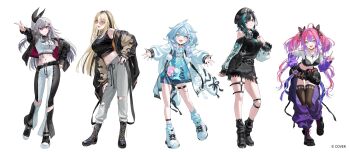 Rule 34 | 5girls, :d, ahoge, animal print, aqua hair, beret, black boots, black bow, black bra, black choker, black hair, black hat, black jacket, black pants, black shirt, black shoes, black shorts, black socks, black tank top, black thighhighs, blonde hair, blue eyes, blue hair, blue shirt, blue shorts, blue socks, blunt bangs, boots, bow, bra, bra over clothes, braid, cargo pants, center-flap bangs, choker, colored inner hair, commentary request, cropped shirt, curtained hair, double-parted bangs, earrings, flow glow (hololive), full body, grey hair, grey pants, hair bow, hair flaps, hand on own hip, hat, headphones, headphones around neck, heart, heart o-ring, highres, hololive, hololive dev is, hood, hooded jacket, isaki riona, isaki riona (1st costume), jacket, jewelry, kikirara vivi, kikirara vivi (1st costume), knee cutout, knee strap, koganei niko, koganei niko (1st costume), lace-up boots, letterman jacket, light smile, lightning ahoge, long hair, long shirt, long sleeves, looking at viewer, loose socks, low twin braids, medium hair, midriff, mizumiya su, mizumiya su (1st costume), multicolored hair, multiple girls, navel, navel piercing, o-ring, o-ring choker, o-ring thigh strap, off-shoulder shirt, off shoulder, official art, one side up, open mouth, orange-tinted eyewear, outstretched arm, pants, piercing, pink hair, pointing, purple arm warmers, purple hair, purple pants, raglan sleeves, red eyes, rindo chihaya, rindo chihaya (1st costume), round eyewear, see-through clothes, see-through shirt, shirt, shoes, short shorts, shorts, side braid, sidelocks, sleeveless, sleeveless shirt, smile, sneakers, socks, standing, straight hair, streaked hair, striped clothes, striped socks, sukajan, sunglasses, sweatpants, swept bangs, tank top, thigh strap, thighhighs, tiger print, tinted eyewear, torn clothes, torn pants, torn shirt, twin braids, twintails, two-tone pants, ugonba (howatoro), underwear, very long hair, virtual youtuber, white hair, white jacket, white pants, white shirt, white shoes