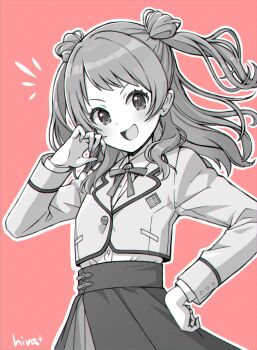 Rule 34 | 1girl, :d, absurdres, blush, bow, bowtie, braid, commentary, cowboy shot, cropped jacket, gakuen idolmaster, greyscale with colored background, hair bun, half up braid, hanami saki, hand on own head, hatsuboshi gakuen school uniform, high-waist skirt, highres, hiva+, idolmaster, long hair, long sleeves, looking at viewer, ojou-sama pose, open mouth, outline, pink background, school uniform, side up bun, skirt, smile, solo, two side up, v-shaped eyebrows, white outline