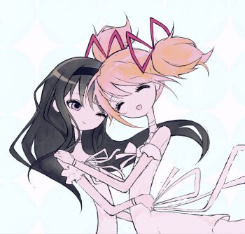 2girls :d ^_^ akemi_homura alternate_costume black_hair black_hairband blue_background chest_ribbon choker closed_eyes closed_mouth dot_nose dress dress_ribbon hair_ribbon hairband hand_on_another's_shoulder hashtag-only_commentary highres hug kaname_madoka light_smile long_hair looking_at_viewer m!nkey mahou_shoujo_madoka_magica mahou_shoujo_madoka_magica_(anime) multiple_girls off-shoulder_dress off_shoulder one_eye_closed open_mouth pink_hair pink_ribbon purple_eyes ribbon short_twintails skinny smile spaghetti_strap twintails white_choker white_dress white_wrist_cuffs wrist_cuffs yuri