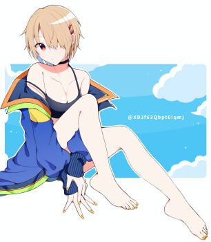 1girl bare_shoulders barefoot bikini bikini_under_clothes black_bikini black_choker blonde_hair breasts choker cleavage collarbone commentary_request feet full_body hair_ornament hair_over_one_eye hairclip heaven_burns_red highres hugging_own_legs kayamori_ruka knees_up letterboxed looking_at_viewer medium_breasts nail_polish one_eye_covered outline parallel_hairclips red_eyes short_hair sitting solo strap_slip swimsuit toenail_polish toenails toes twitter_username white_background white_outline xdjf63qbpt0iqmj yellow_nails