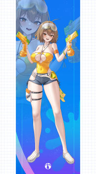 1girl :d absurdres alternate_costume anis_(nikke) bare_shoulders blush breasts brown_eyes brown_hair covered_navel crocs full_body goddess_of_victory:_nikke highres holding jewelry large_breasts looking_at_viewer necklace open_mouth short_hair skindentation smile standing subob_(subobdesu) thighs