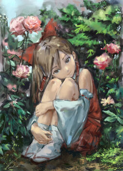1girl bow brown_eyes brown_hair closed_mouth commentary dated detached_sleeves english_commentary flower frilled_bow frilled_hair_tubes frills hair_bow hair_tubes hakurei_reimu highres hugging_own_legs long_hair looking_at_viewer outdoors pink_flower pink_rose red_bow red_skirt ribbon-trimmed_sleeves ribbon_trim rose sandals signature skirt skirt_set smile socks solo touhou white_socks yolandabaka