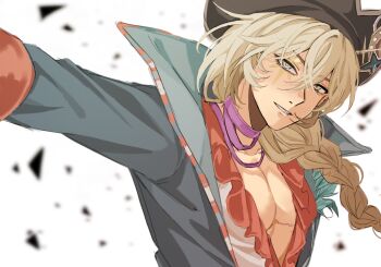 1girl argus_(reverse:1999) black_hat blonde_hair blurry blurry_background braid breasts cleavage coat desleben grey_coat grey_eyes grin hat highres long_braid looking_at_viewer mark_under_eye medium_breasts no_bra official_alternate_costume outstretched_arm plunging_neckline reverse:1999 shards shirt single_braid smile solo upper_body white_background white_shirt yellow_eyes