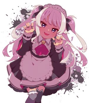 Rule 34 | 1girl, animal ear legwear, black dress, black thighhighs, cat ear legwear, claw pose, collared dress, commentary request, dark-skinned female, dark skin, dress, fangs, grey hair, highres, long hair, looking at viewer, maid, maid headdress, matsukai mao, matsukai mao (2nd costume), nail polish, nijisanji, official alternate costume, open mouth, purple eyes, purple nails, skin fangs, smile, solo, thighhighs, two side up, umecha 0, virtual youtuber, white background