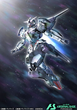 amasaki_yusuke commentary_request copyright_name exhaust glowing green_eyes gundam gundam_arsenal_base gundam_calibarn gundam_suisei_no_majo light_particles mecha mobile_suit no_humans robot science_fiction solo space v-fin