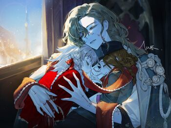 3girls aima_(reverse:1999) black_coat braid braided_hair_rings brown_hair closed_eyes closed_mouth coat coat_on_shoulders commentary corvus_(reverse:1999) english_commentary green_jacket grey_hair hair_rings highres hug indoors jacket leaning_on_person multiple_girls nell_ro profile red_scarf reverse:1999 rubuska scarf shared_clothes shared_scarf sidelighting sleeping sleeping_upright stitched_arm stitched_face stitches upper_body window