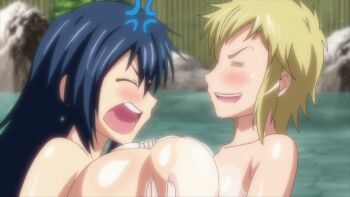 2girls anger_vein angry animated animated_gif bath blonde_hair blue_hair blush bouncing_breasts breast_hold breasts_squeezed_together breasts flat_chest gigantic_breasts highres hoods_entertainment kaede_(manyuu_hikenchou) large_nipples lotion manyuu_chifusa manyuu_hikenchou multiple_girls nipples nude open_mouth purple_eyes surprised sweat takagi_jun wet yellow_eyes