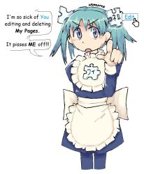 Rule 34 | !, 1girl, apron, aqua hair, arm behind back, blue dress, blue eyes, comic sans, commentary, cropped legs, cursor, dot nose, dress, english commentary, english text, frilled apron, frilled shirt collar, frills, hair ornament, hand up, index finger raised, long sleeves, maid, medium bangs, medium hair, nokojuice, open mouth, puzzle piece, puzzle piece hair ornament, signature, simple background, sleeve cuffs, speech bubble, spoken exclamation mark, tareme, twintails, v-shaped eyebrows, white apron, white background, wikipe-tan, wikipedia