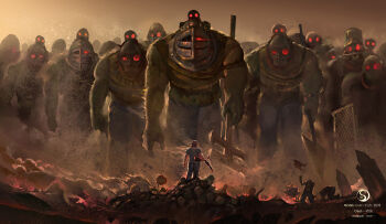 Rule 34 | absurdres, ammunition, army, brown sky, bucket, chinese commentary, commentary request, cooking pot, crazy dave (plants vs. zombies), decapitation, flag zombie (plants vs. zombies), gargantuar (plants vs. zombies), giant, glowing, glowing eyes, gun, highres, imp (plants vs. zombies), male focus, necktie, object on head, osot-, pants, plants vs. zombies, red eyes, shirt, short sleeves, shotgun, shotgun shell, sunflower (plants vs. zombies), weapon, zombie (plants vs. zombies)