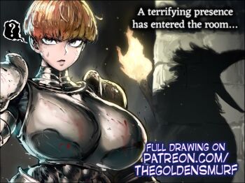 1girl ? armor artist_name boobplate breastplate breasts brown_eyes commentary covered_abs cropped crow_mauler d&#039;arce_(fear_&amp;_hunger) english_text fear_&amp;_hunger_(series) fear_&amp;_hunger_1 huge_breasts knight orange_hair paid_reward_available parted_lips patreon_username pauldrons shadow short_hair shoulder_armor solo_focus spoken_question_mark sweat the_golden_smurf upper_body