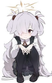1girl absurdres black_dress black_pantyhose black_shoes blue_archive blush brown_eyes brown_halo brown_ribbon closed_mouth collared_shirt commentary dot_nose dress full_body grey_hair hair_ornament hair_over_one_eye halo hands_on_own_knees highres kanoe_(blue_archive) loafers long_hair long_sleeves looking_at_viewer mi_kan_(1101515378) neck_ribbon one_eye_covered own_hands_together panties panties_under_pantyhose pantyhose pantyshot pinafore_dress pleated_dress ribbon shirt shoes simple_background sleeveless sleeveless_dress smile solo squatting straight-on striped_ribbon thighband_pantyhose two_side_up underwear very_long_hair white_background white_panties white_shirt