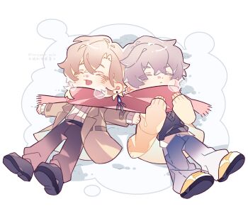 Rule 34 | 2boys, :<, absurdres, alternate costume, artist name, aventurine (honkai: star rail), baggy pants, belt, black belt, black shoes, black sweater vest, blonde hair, blue jacket, blush, border, brown belt, brown jacket, brown pants, caelus (honkai: star rail), chibi, chibi only, closed eyes, closed mouth, crossed bangs, earrings, full body, grey hair, grey pants, hair between eyes, happy, hashtag-only commentary, highres, honkai: star rail, honkai (series), jacket, jewelry, lapels, long sleeves, lying, male focus, multiple boys, on back, open clothes, open jacket, open mouth, outdoors, outside border, outstretched arms, pants, puffy long sleeves, puffy sleeves, red scarf, rongyuan gulu, scarf, shadow, shirt, shoes, short hair, single earring, smile, sneakers, snow, spread arms, steam, sweater, sweater vest, trailblazer (honkai: star rail), two-sided fabric, two-sided jacket, white border, white shirt, white sweater, winter, yaoi, yellow jacket, yellow shoes