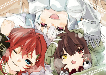 Rule 34 | 3girls, :3, :d, ange katrina, banken (inui toko), blue eyes, blush, breath, brown hair, circle formation, commentary request, dometan0 0, fang, grey scarf, group picture, hair intakes, hair ornament, heterochromia, highres, hood, hood up, inui toko, lize helesta, looking at viewer, multiple girls, nijisanji, one eye closed, open mouth, parted lips, purple eyes, red eyes, red hair, sanbaka (nijisanji), scarf, smile, triangle hair ornament, virtual youtuber, white hair, yellow eyes