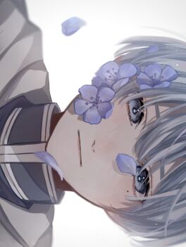 1boy bai_mei blue_eyes blue_flower blue_petals closed_mouth commentary_request falling_petals flower grey_cloak grey_hair grey_jacket hair_between_eyes highres himmel_(sousou_no_frieren) jacket looking_at_viewer male_focus mole mole_under_eye petals short_hair solo sousou_no_frieren upper_body white_background white_trim