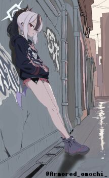 1girl against_wall alley armored_omochi black_choker black_hair black_hoodie black_shoes blue_archive choker demon_wings earrings from_side graffiti hands_in_pockets highres hood hoodie horns jewelry kayoko_(blue_archive) leaning low_wings medium_hair miniskirt multicolored_hair panties panty_peek plaid_clothes plaid_skirt ponytail print_shirt red_eyes red_skirt shirt shoes single_wing skirt solo standing striped_clothes striped_panties twitter_username two-tone_hair underwear upskirt white_hair wings