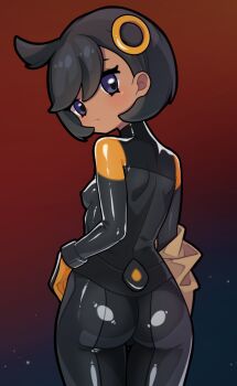 1girl ass black_bodysuit black_hair bodysuit breasts closed_mouth commentary_request cowlick emma_(pokemon) eyelashes from_behind grey_eyes highres looking_back mwm5 nintendo pokemon pokemon_legends:_z-a red_background ring_hair_ornament short_hair shoulder_blades skin_tight solo