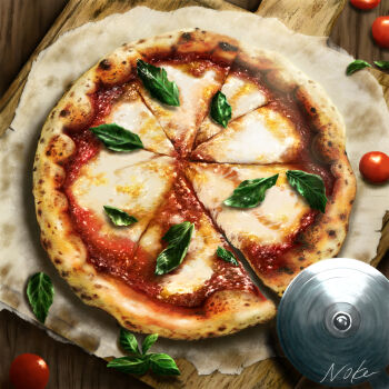 Rule 34 | artist name, basil leaf, cheese, cherry tomato, commentary request, food, food focus, margherita pizza, no humans, noka pastel, original, pizza, pizza cutter, still life, table, tomato, wooden table