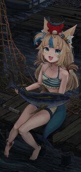 1girl absurdres animal animal_ear_fluff animal_ears barefoot bikini blue_eyes blue_hair cat_ears fins fish fish_girl fish_tail highres holding holding_animal holding_fish indie_virtual_youtuber multicolored_hair sameko_saba streaked_hair swimsuit tail uchilose virtual_youtuber