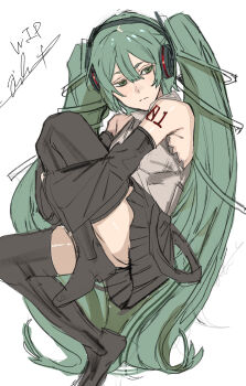 1girl absurdres black_boots black_skirt black_sleeves boots closed_mouth detached_sleeves green_eyes green_hair grey_shirt hatsune_miku headphones highres hiranko hugging_own_legs long_hair long_sleeves pleated_skirt shirt simple_background skirt sleeveless sleeveless_shirt sleeves_past_wrists solo thick_eyebrows thigh_boots twintails unfinished very_long_hair vocaloid white_background wide_sleeves
