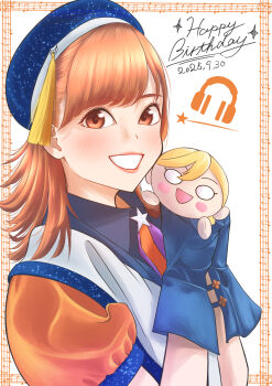 1girl absurdres animification blue_gloves character_doll clenched_teeth collared_shirt commentary_request date_sayuri dated doll gloves hands_up happy_birthday headphones highres long_hair looking_at_viewer love_live! love_live!_superstar!! nesoberi orange_eyes orange_hair real_life shibuya_kanon shirt short_sleeves smile solo star_(symbol) superstar!!_(love_live!) teeth uduki_fuji voice_actor voice_actor_connection