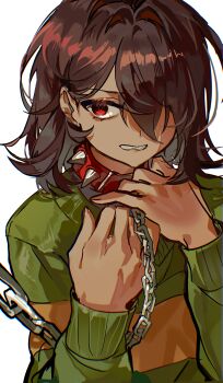 0916psy 1other absurdres androgynous animal_collar brown_hair chain chain_leash chained clenched_teeth collar commentary deltarune english_commentary hair_over_one_eye highres holding holding_chain holding_leash kris_(deltarune) leash long_sleeves looking_at_viewer metal_collar one_eye_covered other_focus red_collar red_eyes simple_background solo solo_focus striped_clothes striped_sweater sweater teeth utdr_(toby_fox) white_background
