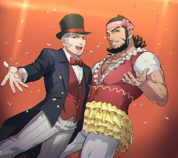 Rule 34 | 2boys, beard, black hair, black jacket, bow, bowtie, buzz cut, chest hair, chromatic aberration, collarbone, commentary request, confetti, earrings, facial hair, foxvulpine, golden kamuy, grey hair, grey pants, hairband, hat, highres, jacket, jewelry, kiroranke, magician, male focus, mature male, multiple boys, muscular, muscular male, orange background, outstretched arm, pants, pectorals, pink hairband, red bow, red bowtie, red shirt, red vest, shiraishi yoshitake, shirt, short hair, short sleeves, sideburns, top hat, very short hair, vest, white pants, white shirt