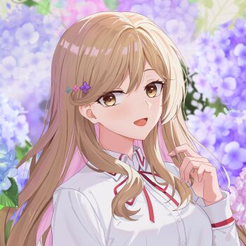 Rule 34 | 1girl, absurdres, blurry, blurry background, blush, bow, brown eyes, brown hair, collared shirt, commentary, floral background, flower, hair flower, hair ornament, hand up, highres, hydrangea, leaf, long hair, long sleeves, looking at viewer, neck ribbon, open mouth, portrait, red ribbon, ribbon, school uniform, sena ajisai, shirt, watashi ga koibito ni nareru wake naijan murimuri!, wavy sidelocks, white shirt, xiongji z z