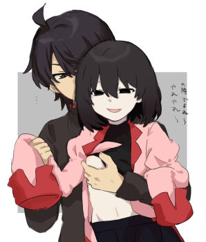 ... 1boy 1girl :d ahoge araragi_koyomi black_eyes black_hair black_jacket black_skirt bob_cut border breasts clothes_lift collared_shirt commentary covered_collarbone dress_shirt empty_eyes foreplay front-to-back gakuran grabbing_another&#039;s_breast grey_background groin groping hair_between_eyes hand_on_another&#039;s_arm hand_on_another&#039;s_chest heads_together height_difference hetero highres holding_another&#039;s_wrist jacket juliet_sleeves kibito_high_school_uniform long_sleeves looking_ahead looking_at_another mandarin_collar monogatari_(series) naoetsu_high_school_uniform narrowed_eyes navel nipples open_clothes open_mouth open_shirt oshino_ougi outside_border pale_skin parted_lips pink_shirt puffy_sleeves red_trim school_uniform shirt shirt_lift short_hair skirt sleeves_past_fingers sleeves_past_wrists small_breasts smile translated tsugumi_(tgm_615486) turtleneck undershirt undressing_another untucked_shirt very_long_sleeves white_border