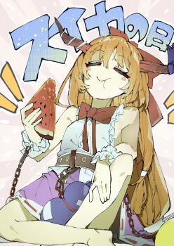 =_= absurdres alcohol bare_shoulders blush_stickers bow bowtie chain chewing cuffs dress eating emphasis_lines food frilled_wrist_cuffs frills fruit gourd hair_bow hand_on_own_leg highres holding holding_food horn_bow horn_ornament horn_ribbon horns ibuki_suika knee_up kuromaru_ira long_hair oni orange_hair red_bow red_bowtie ribbon sake shackles sitting sleeveless sleeveless_dress touhou very_long_hair watermelon wrist_cuffs