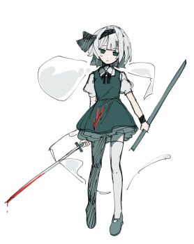 1girl black_hairband blood blood_on_clothes bloody_weapon closed_mouth collared_shirt commentary expressionless full_body green_eyes green_shoes green_skirt green_vest grey_hair hairband highres hitodama holding holding_sheath holding_sword holding_weapon hua88331 katana konpaku_youmu konpaku_youmu_(ghost) looking_at_viewer puffy_short_sleeves puffy_sleeves sheath shirt shoes short_sleeves simple_background sketch skirt skirt_set solo sword thighhighs touhou vest weapon white_background white_shirt white_thighhighs