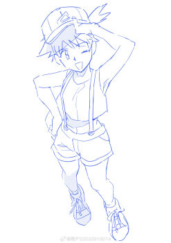 1girl ;d adjusting_clothes adjusting_headwear armpits asymmetrical_hair baseball_cap cap cosplay crop_top eyelashes hand_on_headwear hand_on_own_hip hat highres knees looking_at_viewer midriff misty_(pokemon) navel nintendo one_eye_closed open_mouth pokemon pokemon_(anime) pokemon_(classic_anime) ponytail shirt shoes short_hair shorts side_ponytail sleeveless sleeveless_shirt smile sneakers socks solo standing suspender_shorts suspenders tank_top wink