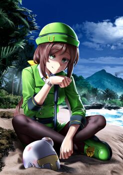 1boy 1girl absurdres beach black_pantyhose bowler_hat brown_hair buried closed_mouth commentary crossed_bandaids crossed_legs derivative_work dress english_commentary far_cry far_cry_3 forest formal_clothes green_dress green_eyes green_hat green_jacket green_shoes hair_between_eyes hat hayakawa_tazuna head_bump highres holding holding_whip indian_style jacket long_hair manjo_(warito) mountain nature necktie pantyhose shaded_face shoes sitting skirt skirt_suit smile suit t-head_trainer_(umamusume) trainer_(umamusume) tropical umamusume video_game_cover_redraw watch wristwatch yellow_necktie