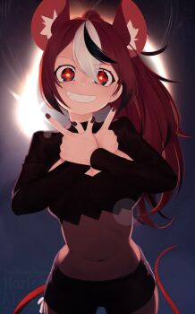 1girl animal_ear_fluff animal_ears backlighting black_hair black_nails black_shirt black_shorts blackberry_baelz blue_eyes breasts chaos_(warhammer) cleavage cleavage_cutout clothing_cutout commentary cowboy_shot crop_top english_commentary english_text grin hair_between_eyes hakos_baelz highres hololive hololive_english index_fingers_raised large_breasts long_hair long_sleeves looking_at_viewer midriff mouse_ears mouse_girl mouse_tail multicolored_hair nail_polish navel ponytail red_hair sharp_teeth shirt short_shorts shorts smile solo symbol-shaped_pupils tail teeth virtual_youtuber warhammer_40k watermark white_hair yoako