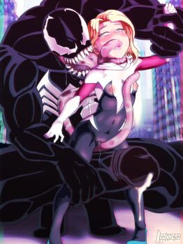1boy 1girl blonde_hair blue_eyes blush breasts cleft_of_venus costume cum dark-skinned_male dark_skin drooling ejaculation erection gwen_stacy highres kiss l-conhero large_penis long_tongue looking_up marvel medium_hair muscular muscular_male navel nipples nose open_clothes penis pussy pussy_juice small_breasts spider-man_(series) tears toes tongue venom_(marvel) white_eyes