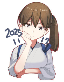 1girl breasts brown_eyes brown_hair cropped_torso dated hand_on_own_face japanese_clothes kaga_(kancolle) kantai_collection kimono long_hair looking_at_viewer masukuza_j medium_breasts simple_background solo tasuki upper_body white_background white_kimono